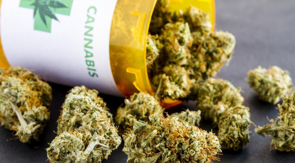 Open medicine capsule with marijuana buds falling out