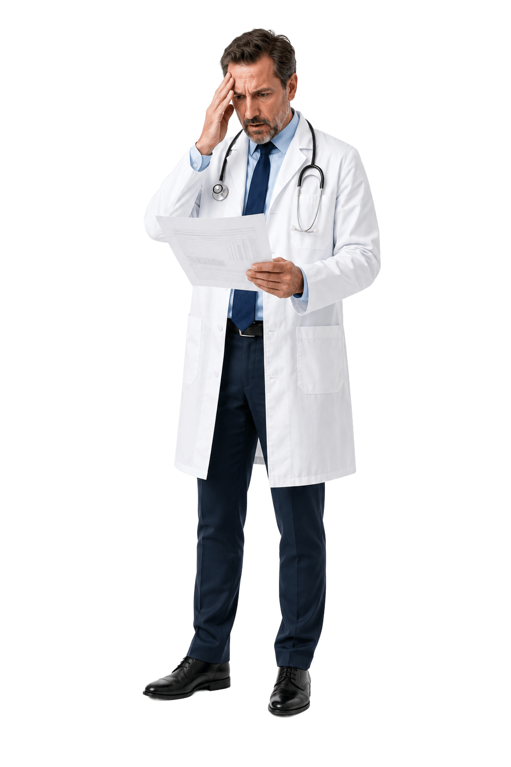Concerned physician reviewing a medical report